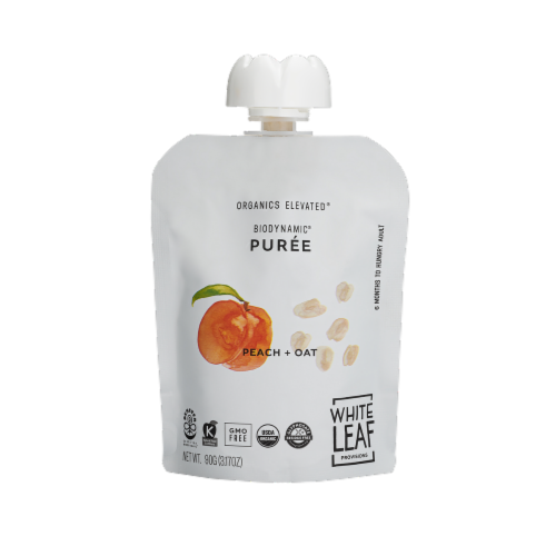 White Leaf Organic Biodynamic® Baby Food Peach + Oat Pouch Perspective: front