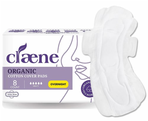 Claene Organic Cotton Cover Pads, Menstrual Overnight Pads for Women, Unscented 8 Count Perspective: front