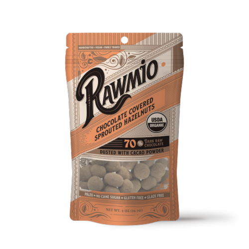 Rawmio Organic Chocolate Covered Sprouted Hazelnuts Perspective: front