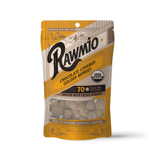 Rawmio Organic Chocolate Covered Golden Berries Perspective: front