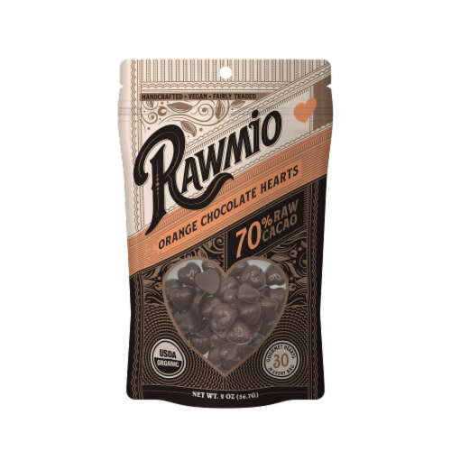 Rawmio 70% Raw Orange Chocolate Hearts Perspective: front