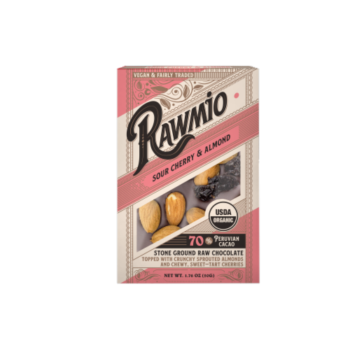 Rawmio Sour Cherry & Almond Raw Chocolate Bark Perspective: front