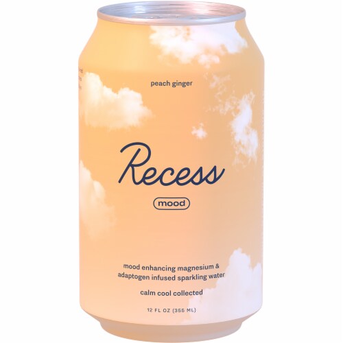 Recess Mood Magnesium Infused Peach Ginger Flavored Sparkling Water Cans Perspective: front