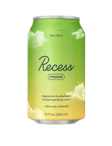 Recess Mood Lime Citrus Magnesium and Adaptogen Infused Sparkling Water Can Perspective: front