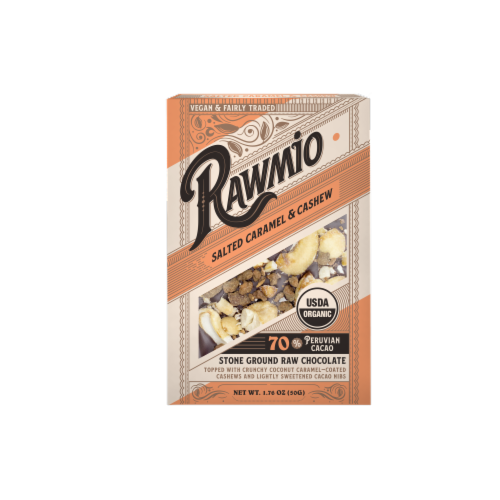 Rawmio Organic Coconut Caramel & Crushed Cashew Raw Chocolate Bar Perspective: front