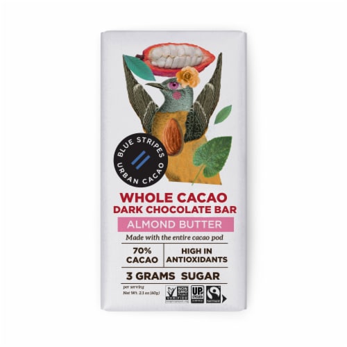 Blue Stripes Whole Cacao Almond Butter Chocolate Bar Perspective: front
