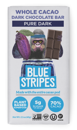Blue Stripes® Pure Dark Whole Cacao Dark Chocolate Bar Perspective: front