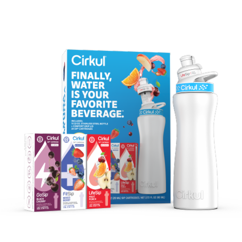 Cirkul Plastic Water Bottle Starter Kit with Blue Lid 22oz & 2 Flavor Cartridges