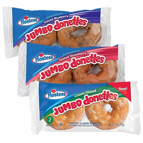 Jumbo Donette by Hostess Variety Pack by Tribeca Curations | Glazed, Blueberry, Strawberry | Perspective: front