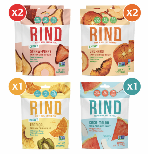 RIND Snacks Dried Fruit Variety Pack, 3oz Bags, 6 Bags Total Perspective: front