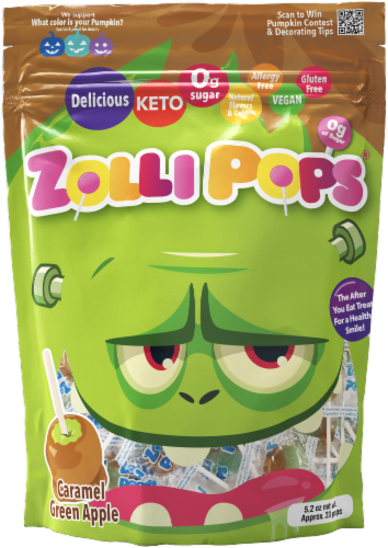 Zollipops® Caramel Green Apple Lollipop Sugar-Free Candy Bag Perspective: front