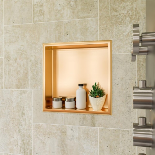 ALFI brand ABNP1616-BG 16 x 16 Brushed Gold PVD Steel Square Single Shelf Shower Niche Perspective: front