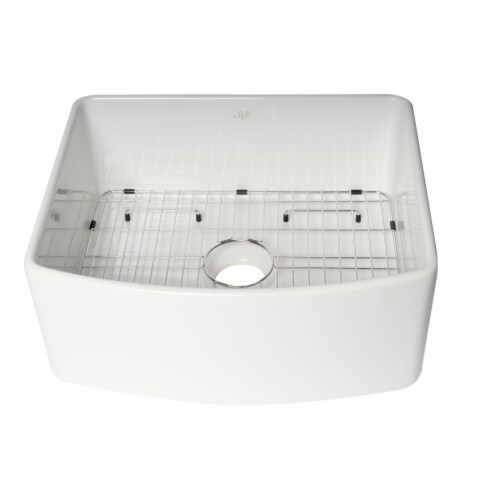 ALFI Brand ABFC2420-W White  Curved Apron 24  x 20  Single Bowl Fireclay Farm Sink with Grid Perspective: front