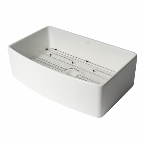 ALFI Brand ABFC3320S-W White  Curved Apron 33  x 20  Single Bowl Fireclay Farm Sink with Grid Perspective: front