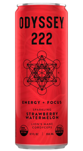 Odyssey® 222 Energy + Focus Sparkling Strawberry Watermelon Mushroom Elixir Energy Drink Perspective: front