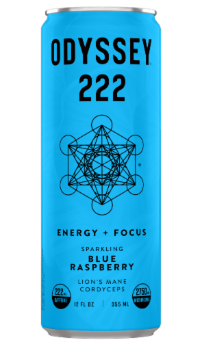 Odyssey® 222 Energy + Focus Sparkling Blue Raspberry Mushroom Elixir Energy Drink Perspective: front