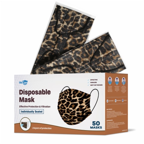WeCare  Individually Wrapped Disposable Face Masks, 50 Pack, Leopard Print Perspective: front