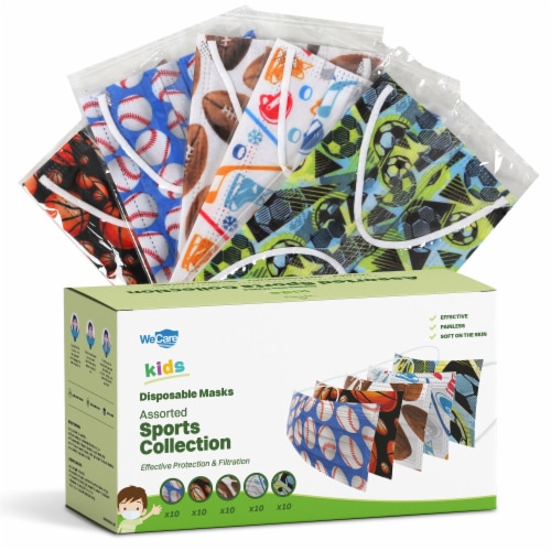 WeCare Individually Wrapped Kids Face Masks, Pack of 50, Sports Collection Perspective: front