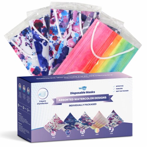 WeCare Individually Wrapped Face Masks, Pack of 50, Rainbow Print Perspective: front
