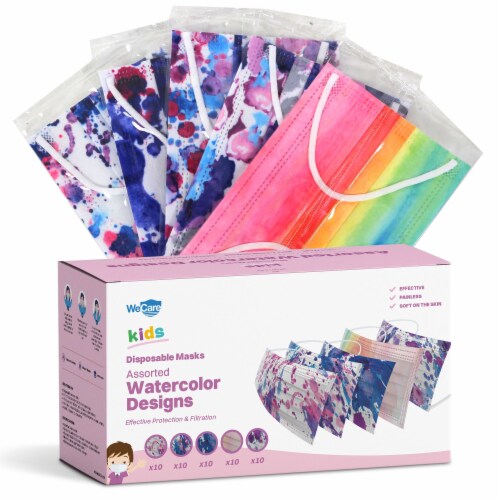 WeCare Individually Wrapped Kids Face Masks, Pack of 50, Rainbow Print Perspective: front