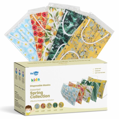 WeCare Individually Wrapped Kids Face Masks, Pack of 50, Spring Print Perspective: front