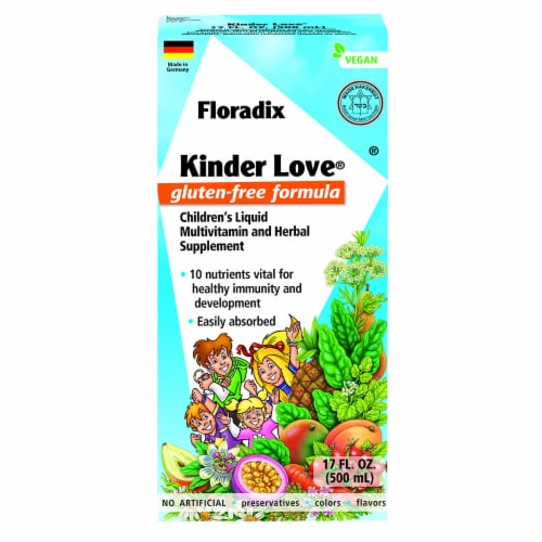 Floradix Kinder Love Gluten-Free Children's Liquid Multivitamin and Herbal Supplement Perspective: front