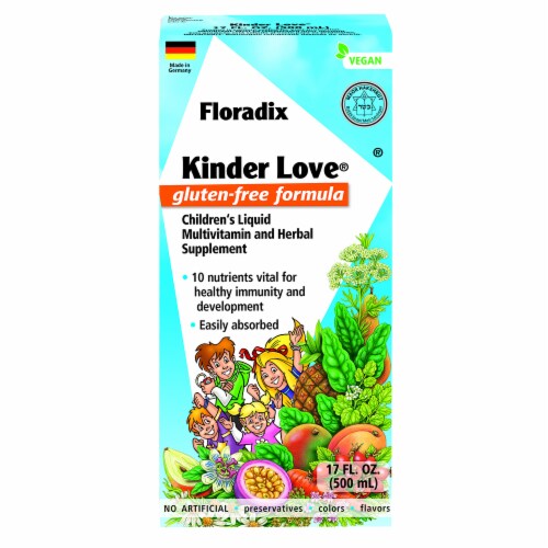 Floradix Kinder Love Gluten-Free Children's Liquid Multivitamin and Herbal Supplement Perspective: front