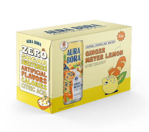 Aura Bora™ Ginger Meyer Lemon Sparkling Water Cans Perspective: front