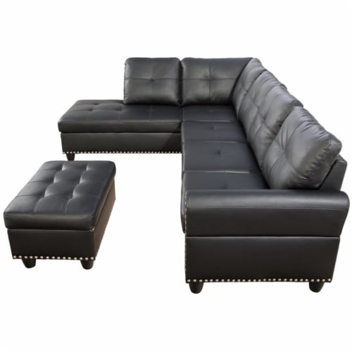 Devion Furniture Faux Leather Sectional Sofa with Ottoman in Black, 1 ...