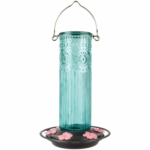 Nature's Way Antique Glass Gravity Teal Hummingbird Glass Feeder Perspective: front