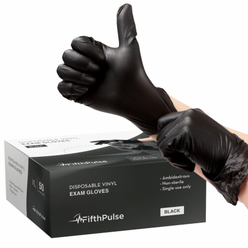 FifthPulse Disposable Vinyl Exam Gloves, Black, Box of 50 - Powder-Free, Latex-Free Perspective: front