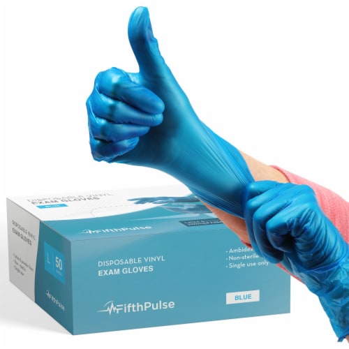 FifthPulse Disposable Vinyl Exam Gloves, Blue, Box of 50 - Powder-Free, Latex-Free Perspective: front