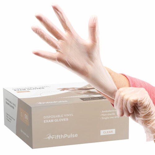FifthPulse Disposable Vinyl Exam Gloves, Clear, Box of 50 - Powder-Free, Latex-Free Perspective: front