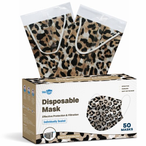 WeCare  Individually Wrapped Disposable Face Masks, 50 Pack, Jaguar Print Perspective: front
