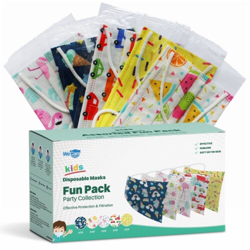 WeCare Individually Wrapped Kids Face Masks, Pack of 50, Fun Variety Prints Perspective: front