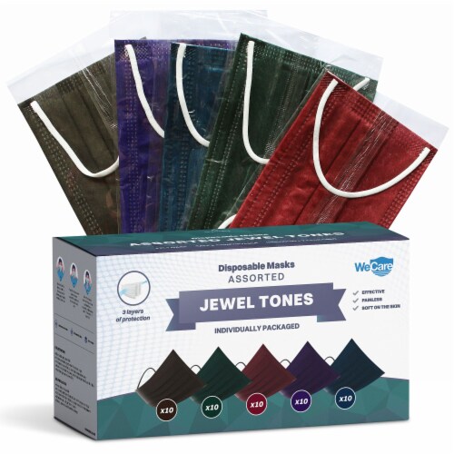WeCare Individually Wrapped Face Masks, Pack of 50, Jewel Print Perspective: front
