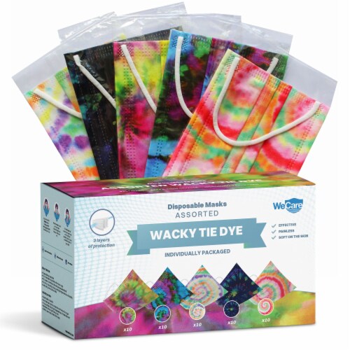 WeCare Individually Wrapped Face Masks, Pack of 50, Crazy Tie Dye Print Perspective: front