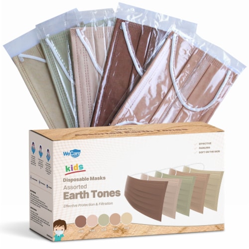 WeCare Individually Wrapped Kids Face Masks, Pack of 50, Assorted Earth Tones Perspective: front
