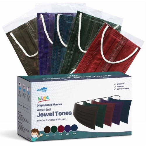 WeCare Individually Wrapped Kids Face Masks, Pack of 50, Assorted Jewel Print Perspective: front