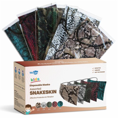 WeCare Individually Wrapped Face Masks, Pack of 50, Snakeskin Collection Perspective: front