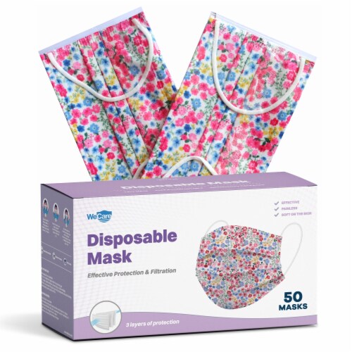 WeCare Individually Wrapped Face Masks, Pack of 50, Flower Print Perspective: front