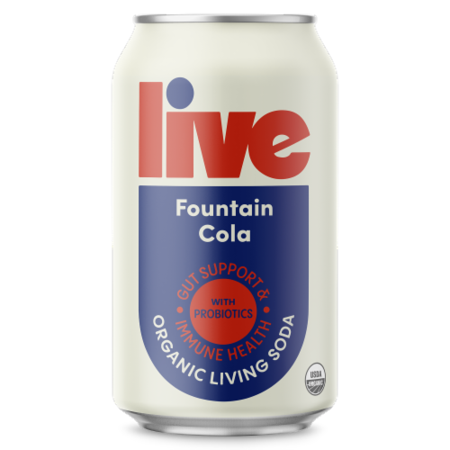 Live Fountain Cola Organic Living Soda Can Perspective: front