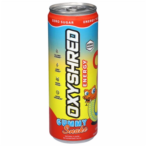 OxyShred Ultra Energy Gummy Snake Energy Drink Can Perspective: front
