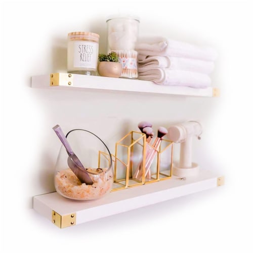 Willow & Grace Noelle 36 Inch Floating Wood Wall Mount Shelves, White, Set of 2 Perspective: front