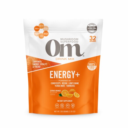 Om® Mushroom Superfood Citrus Orange Flavor Energy+ Drink Mix Perspective: front