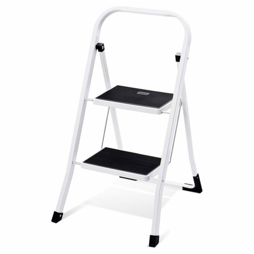 Delxo Non-Slip 2 Step Stool Folding Steel Wide Step Ladder with Hand Grip, White, 1 Piece - Baker's Delxo Non-Slip 2 Step Stool Folding Steel Wide Step Ladder with Hand Grip, White, 1 Piece - Baker's