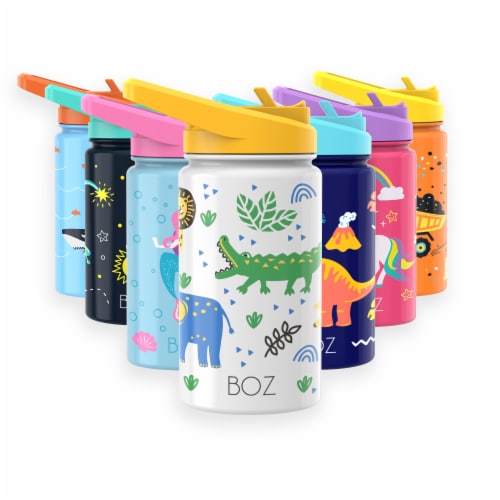 BOZ Kids Insulated Water Bottle with Straw Lid, Stainless Steel Double Wall (Safari) Perspective: front