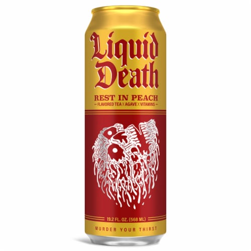 Liquid Death, Rest in Peach Iced Tea, Peach Flavored Back Tea Perspective: front