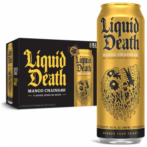 Liquid Death® Mango Chainsaw Flavored Sparkling Water Cans Perspective: front