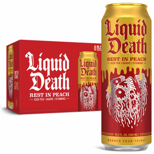 Liquid Death, Rest in Peach Iced Tea, Peach Flavored Back Tea Perspective: front